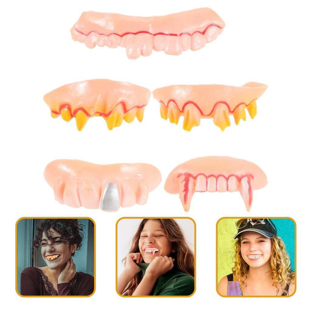 5Pcs Funny Ugly False Fake Teeth Wacky Freaky Front Teeth Decoration Props Trick Toy Party Halloween Game Accessory