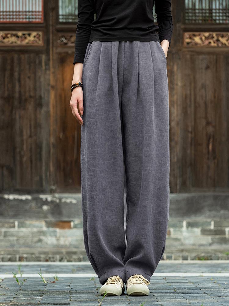 Women's Autumn/Winter Cotton Linen Sand Wash Loose Long Pants with Fleece Lining - Slimming Lantern Style