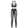 S-3XL Women Wet Look PU Leather Clubwear Set Zipper Cups Y-Back Bralette with Mesh Leggings Tights for Rave Party