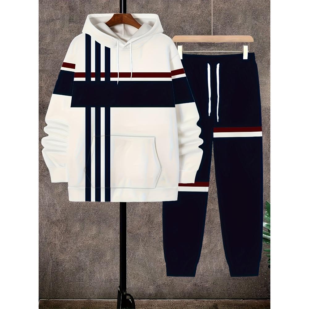 Ensemble Hoodie et Pantalon de Jogging Simple à Rayures Imprimé 3D pour Homme Sweatshirts Pantalons de Jogging Ensemble Décontracté Deux Pièces