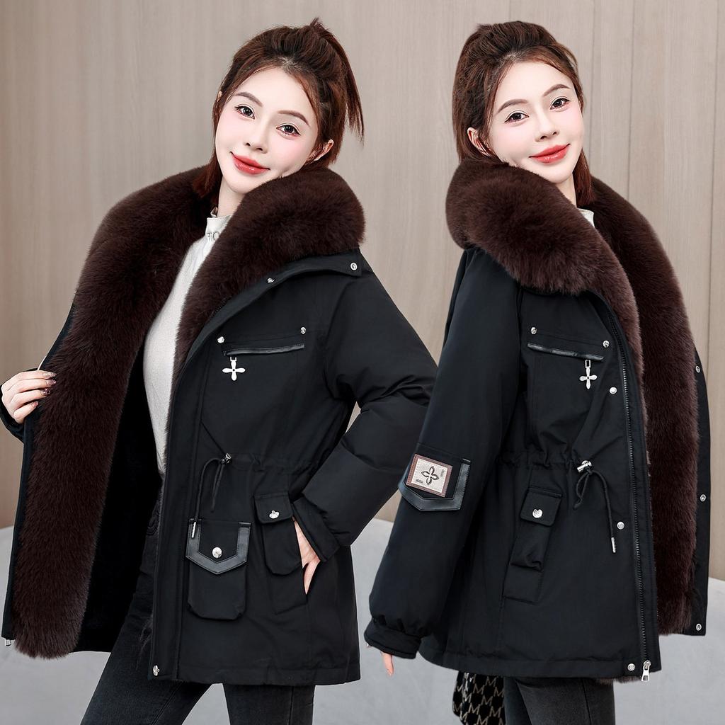 Winter short pie overcome women's big fur collar waist drawstring tooling thickened padded jacket brick and mortar store