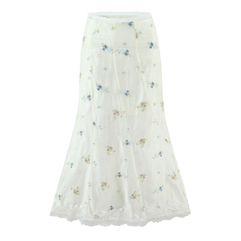Women's French Style Embroidered Square Neck Lace Top & High Waist Long Skirt Set