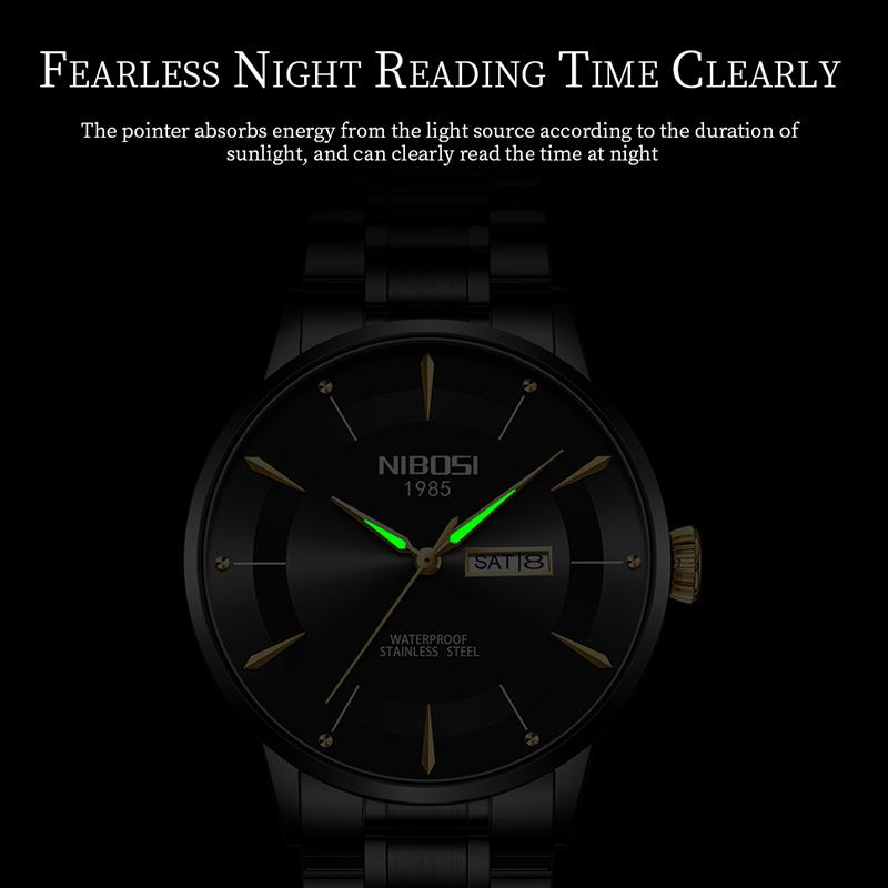 NIBOSI Fashion Quartz Watch for Men Luxury Stainless Steel Waterproof Luminous Date Week Cool Black Mens Watch Relogio Masculino