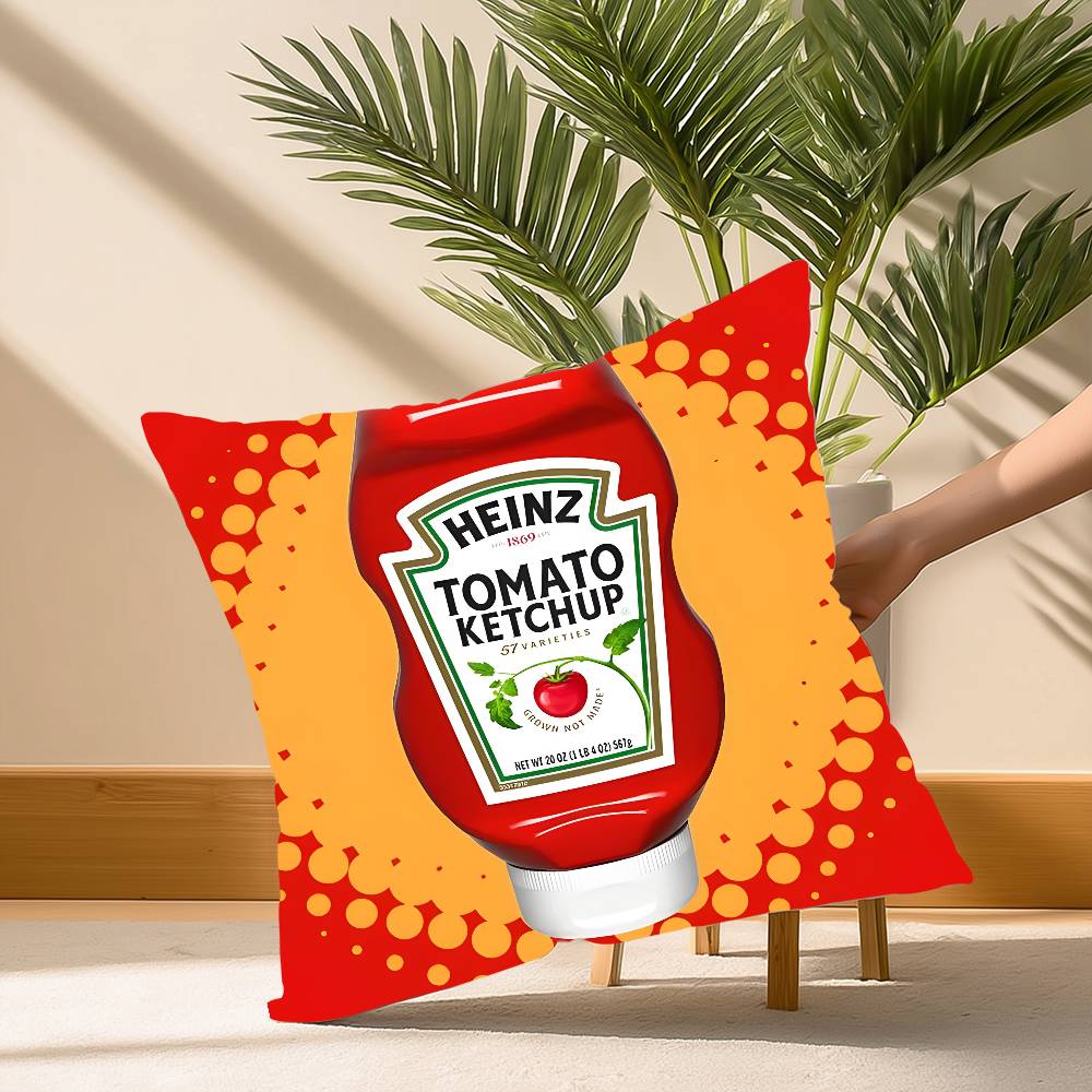Funny H-heinzS Ketchup Label Pillow Case Soft Plush Fabric Double Sided Print Decorative Home Living Room Gift Cushion
