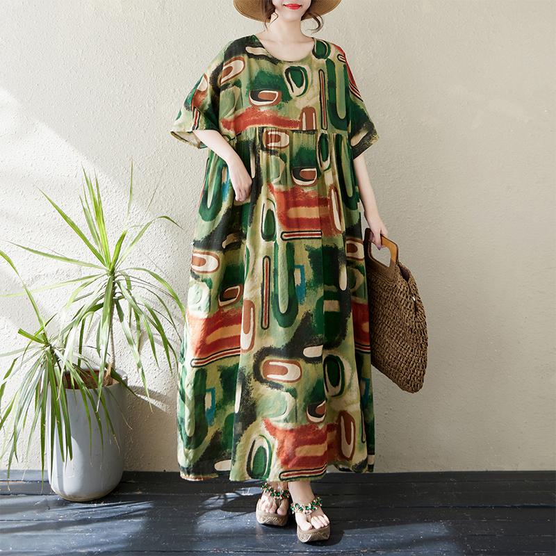 DIMANAF 2024 Übergröße Kleid Neu Sommer Basic Locker Damen O-Ausschnitt Vintage Kurzarm Große Größe Strand Langes Kleid