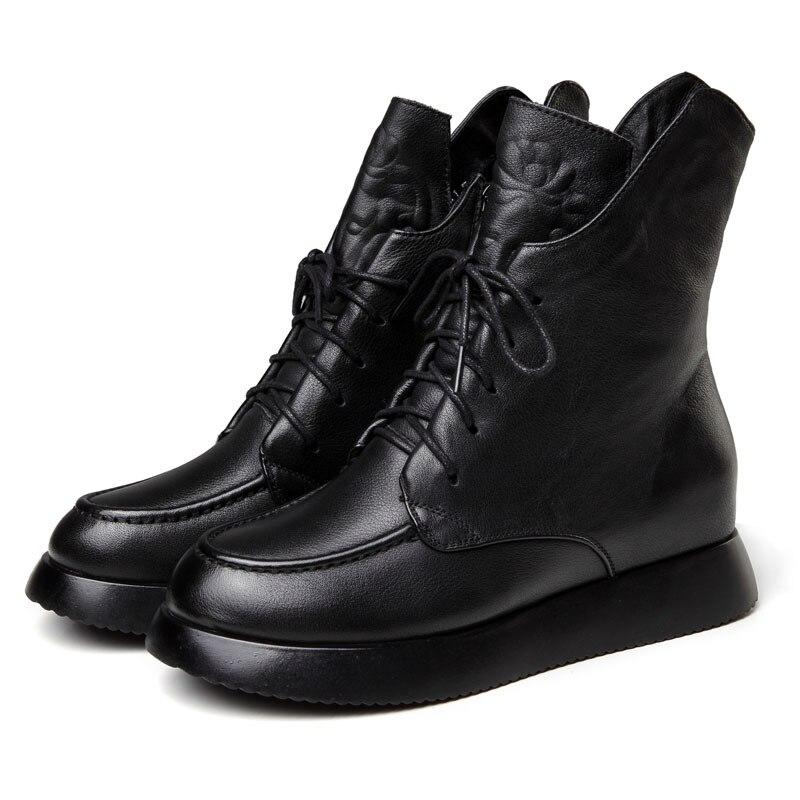 Genuine Leather Winter Boots Women Shoes Zip Round Toe Height Increasing Leisure Sewing Platform Boots