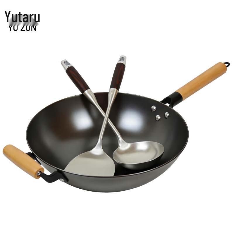 YUZUN 32CM Uncoated Cast Iron Wok Gift Set with Spatula