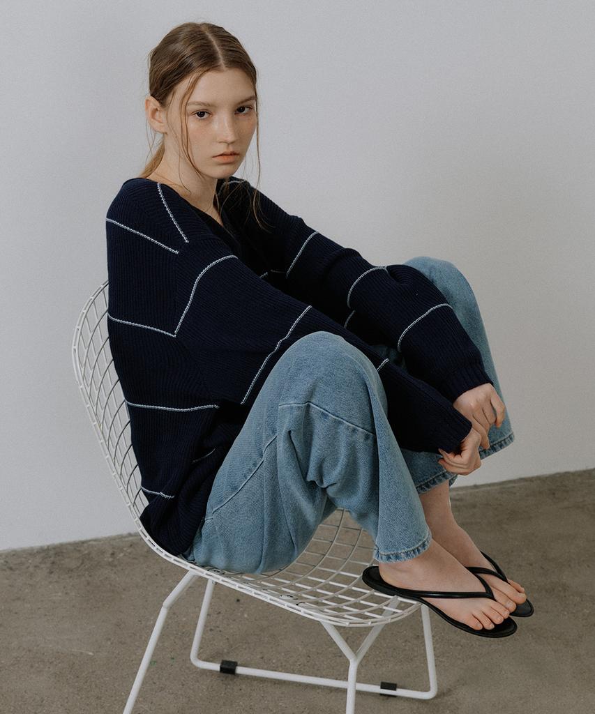 Peulibeo07 Overfit Stripe V-Neck Knit [Frsp05Nt04]_Navy