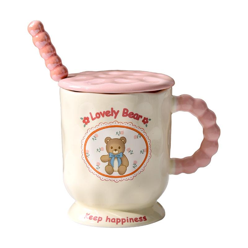 Niedlicher Bärenbecher mit Deckel und Löffel zum Verschenken an die beste Freundin Rosa Mädchen Büroangestellte Tasse Zuhause Frühstückstasse Keramik