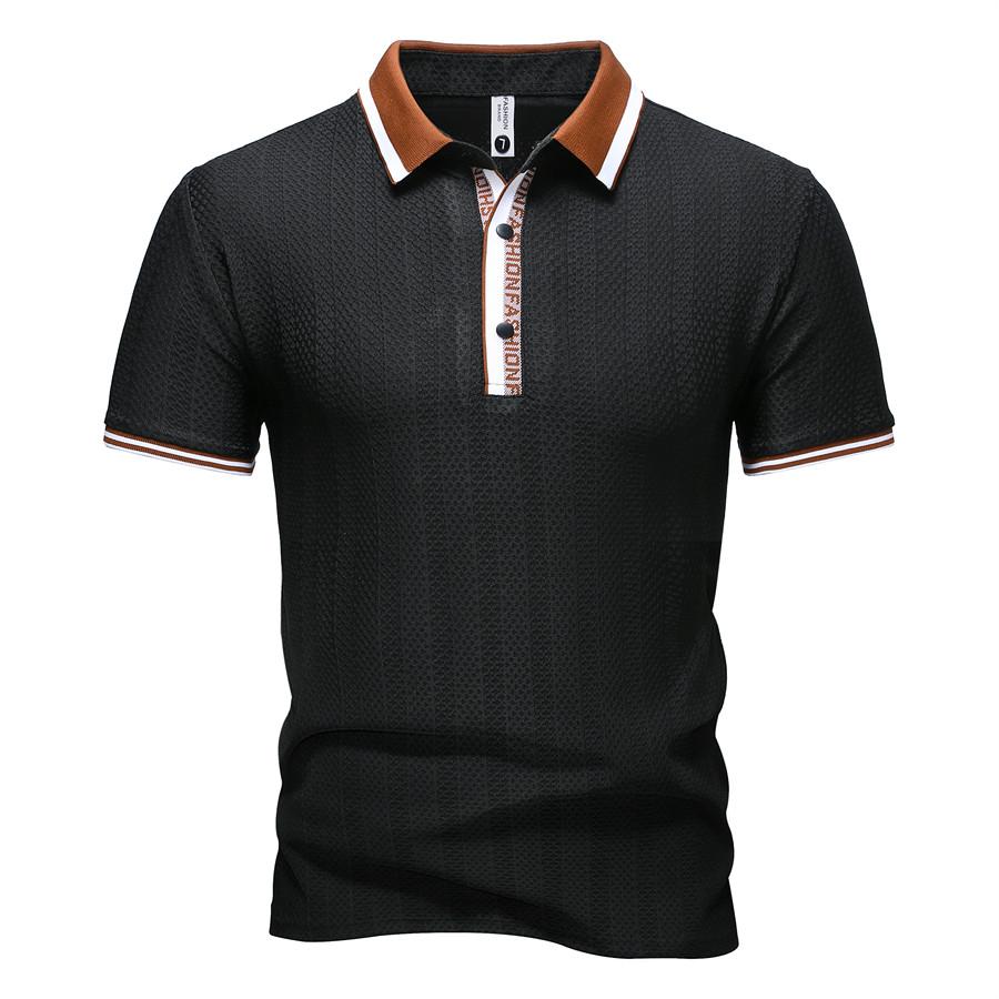 Summer Men s Slim Fit Polo Shirt Contrast Placket Letter Print Casual Texture Short Sleeve Fashionable Men s Top 4XL чёрный