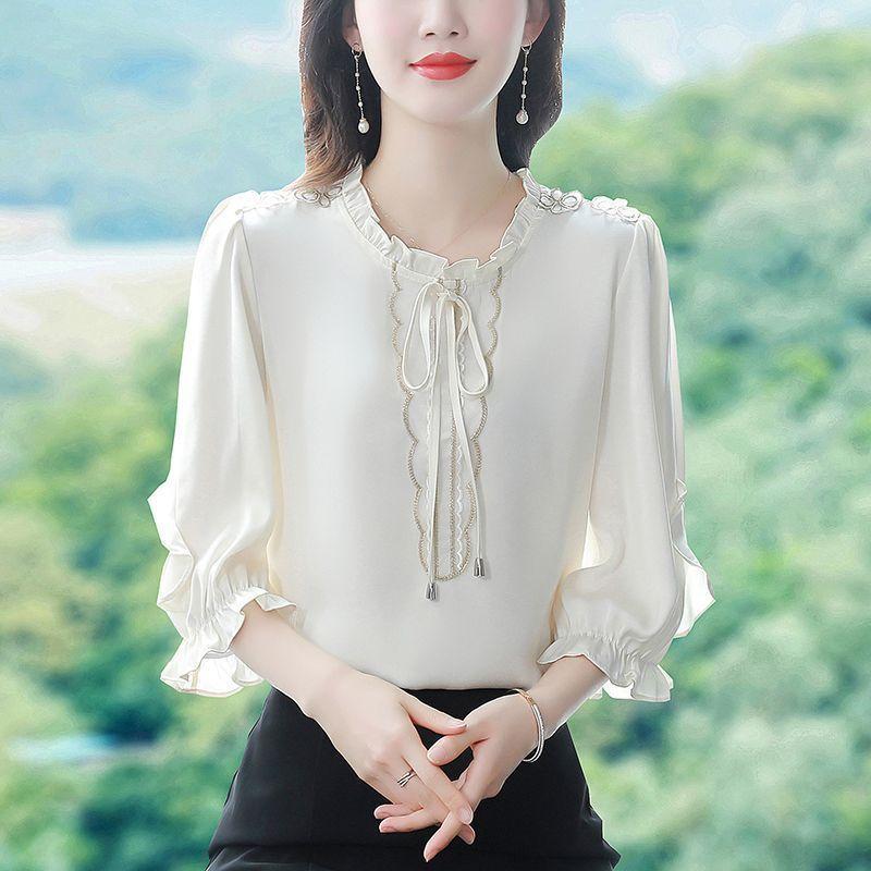 

Spring Autumn Ruffles V-neck Lace Up Elegant Shirt Women 3/4 Sleeve Embroidery Solid Pullover Blouse Top M абрикосовый