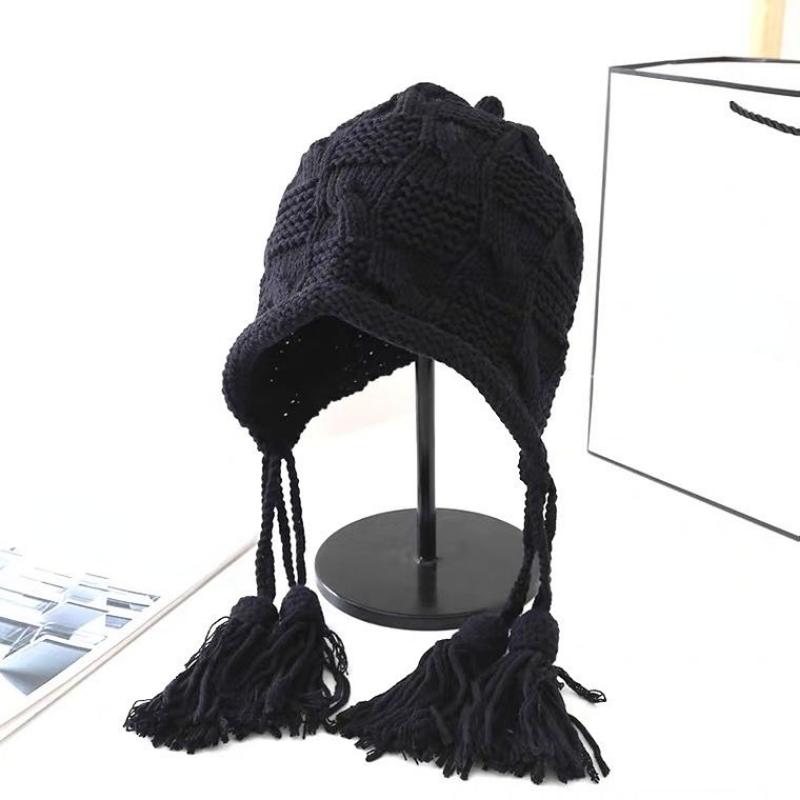 Ear Protection Wool Hat Female Versatile Knitting Tassel Plait Hat Autumn Winter Ladies Tassels Hat