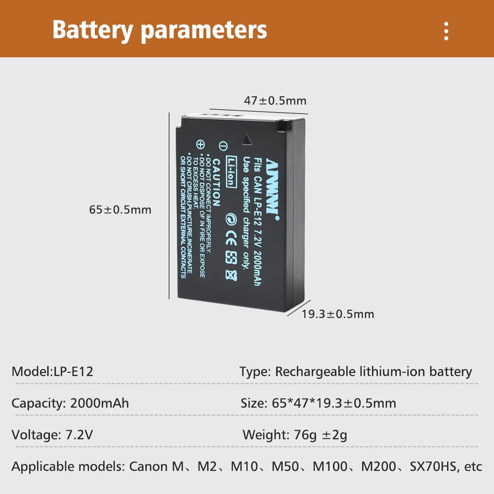 AJNWNM LP-E12 LP E12 LPE12 Li-ion Battery Set for Canon EOS M50, EOS M100,100D Kiss X7 Rebel SL1 Charger