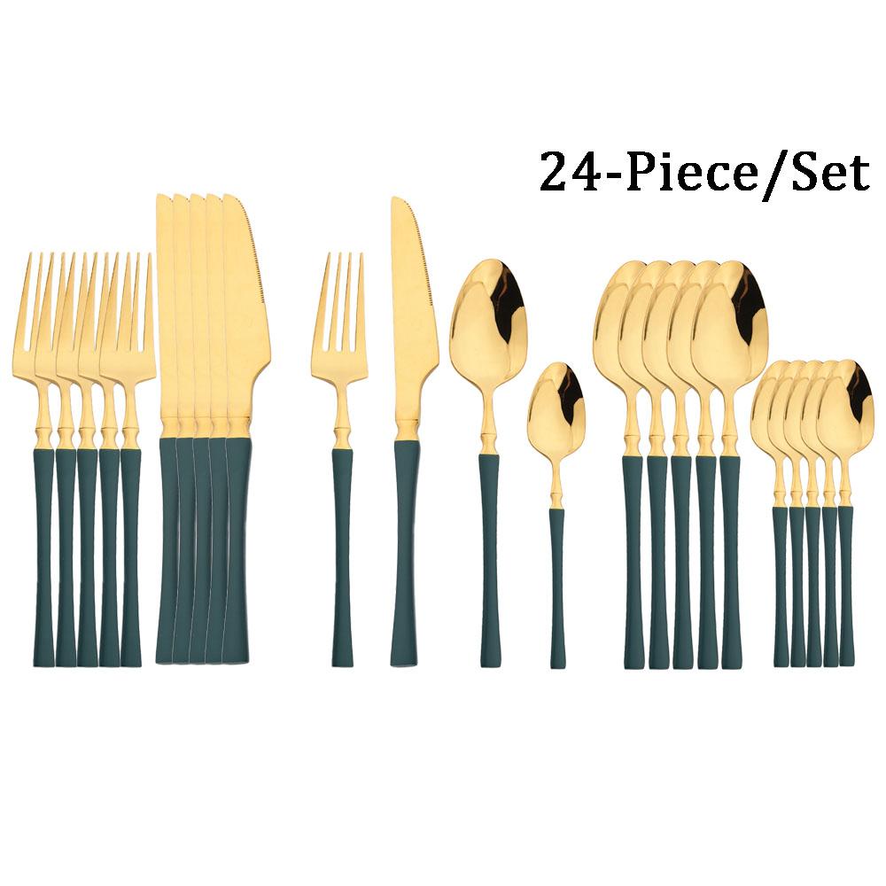 JANKNG 24Pcs White Gold Tableware Set Stainless Steel Dinnerware Spoon Fork Knife Cutlery Kitchen Food Flatware Silverware Set