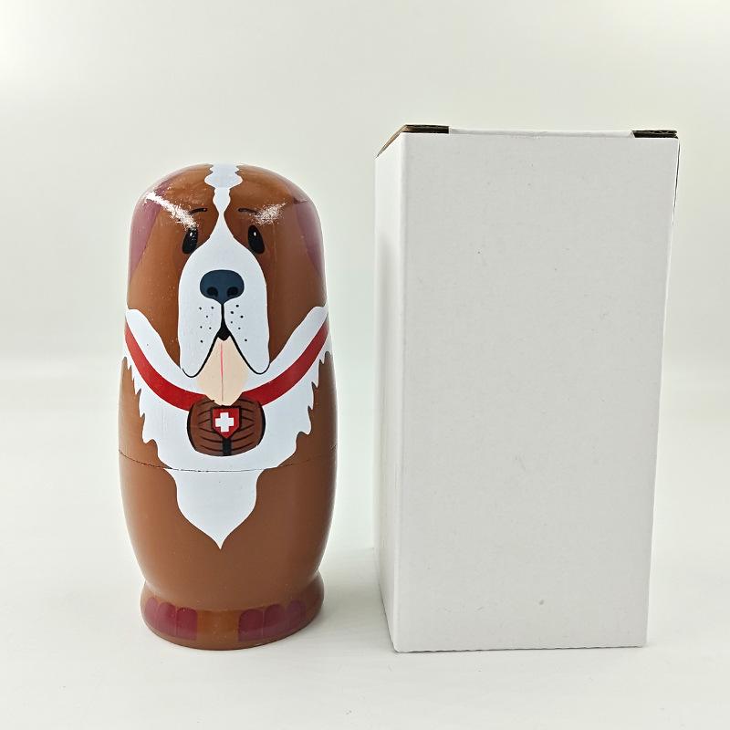 Five-Layer Russian Nesting Doll: Bear & Dog Wooden Craft Ornament Toy