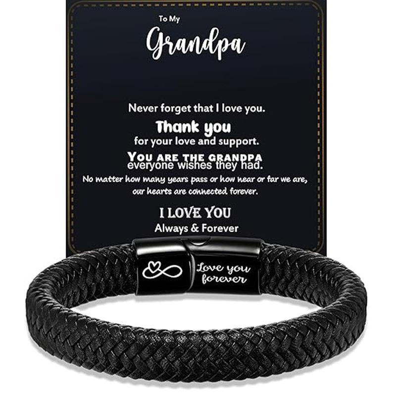 Magnetic Stainless Steel Leather Bracelet, Hand-woven for Men, with Personal Message Engraved on It
