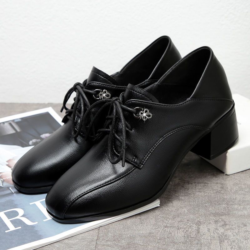 Single Shoes Women's Spring and Autumn Leather Shoes Thick-heeled Lazy Shoes
