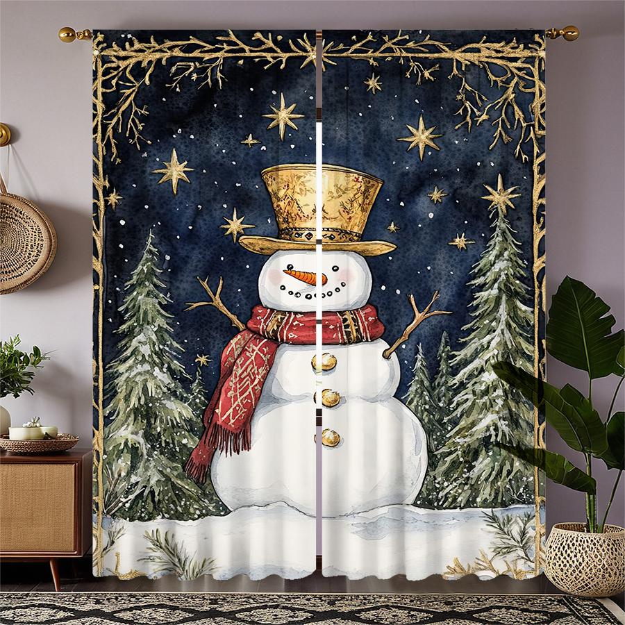 

Retro Christmas Snowman Print Curtains Decorations Home Room Set Of 2 Made Polyester W100*H70(CM)-Hooks&1PCS