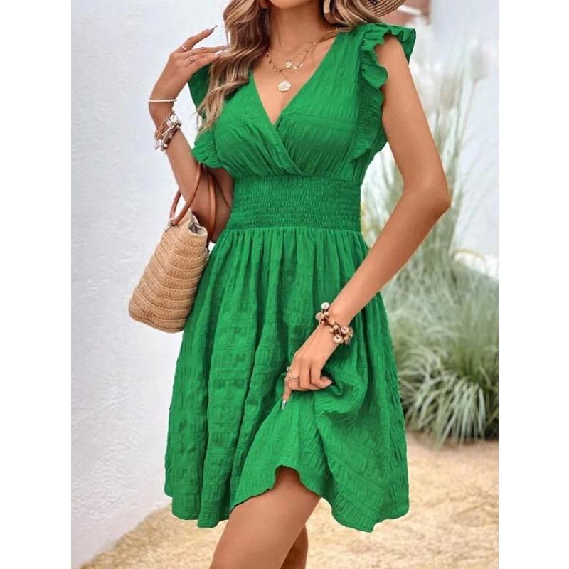 Moda Scollo a V Pieghettato Estivo Ruffles Vestito Vestibilità Aderente Sottile Elegante Monocolore Linea ad A Festa Casual Vestiti Corti Streetwear Dolce Semplice Abbigliamento Donna