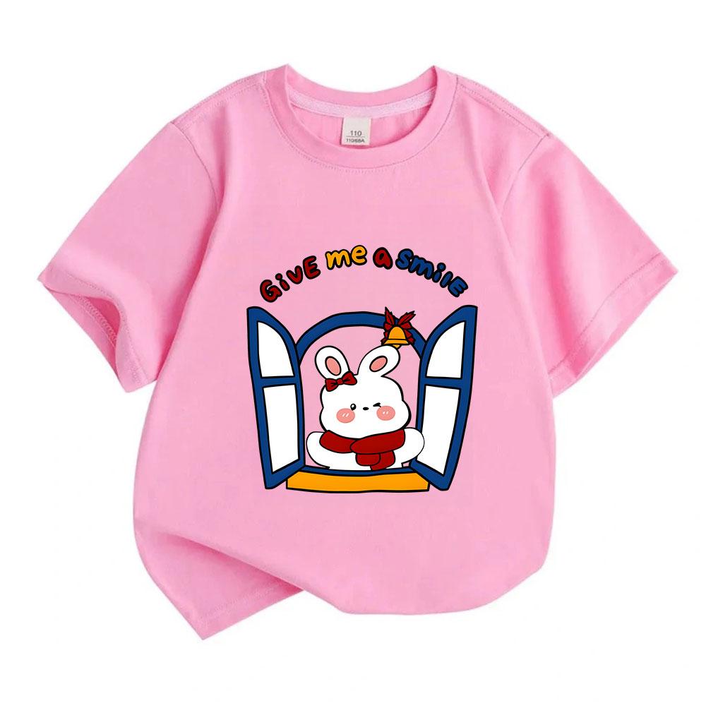 Kids Boys Girls 100% Cotton Crew Neck Short Sleeve T-Shirt, Cute Wink Bunny Window Give Me A Smile Graphic Casual Summer Tee for Children Daily Wear