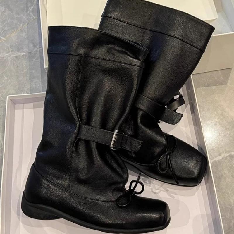 Fashion Retro Low Heel Mid-Leg Boots Women's Spring and Autumn New Square Toe Sleeve Bow Metal Belt Buckle Non-Slip Shoes