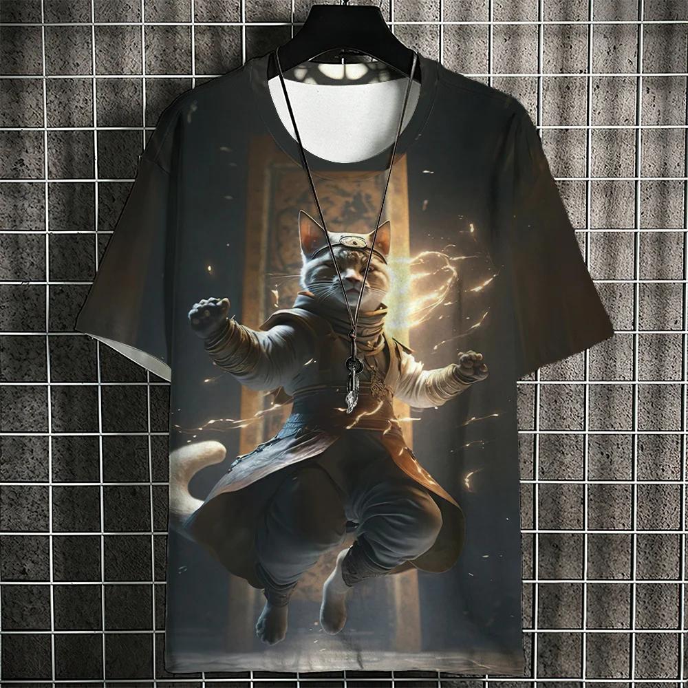 Cartoon Cat Men's T-Shirt Japanese Style Ukiyo-e Cat Printing T-Shirts Casual Loose Short Sleeve Tee Oversized Men Clothing Tops