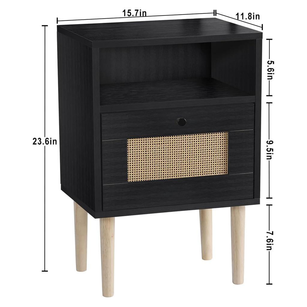 Modern Bedside Table with Rattan Drawer, Bed Side Table with Storage Shelf & Solid Wood Feet, End Table