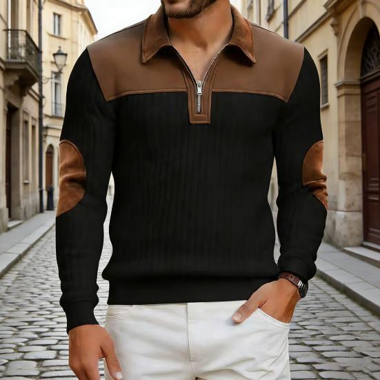Herr Quarter Zip Tröja Långärmad Nedvikbar Krage Pullover Färgblock Jacquard Sweatshirt med Armbågslappar för Street Daglig Användning