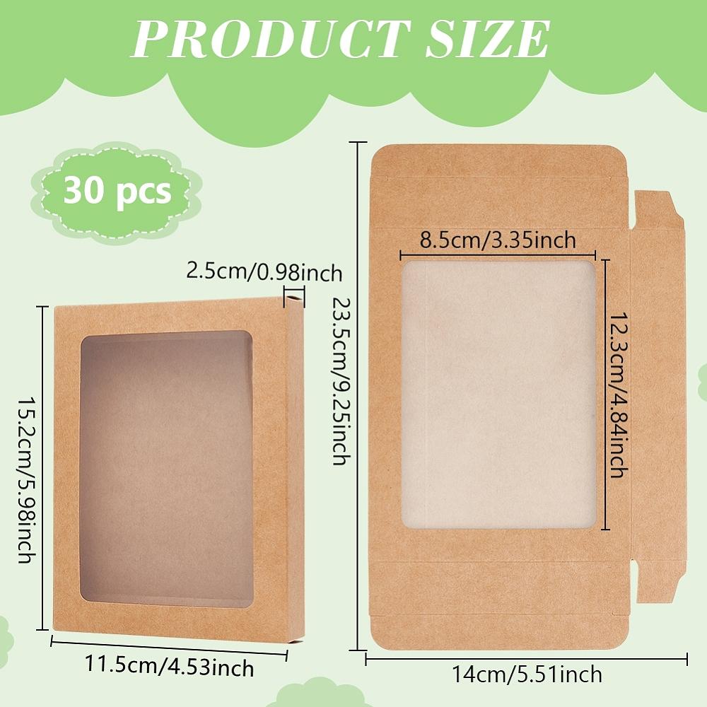 30pcs Foldable Kraft Paper Candy Boxes with Visible Window for Postcard Gift Packaging Rectangle BurlyWood 15.2x11.5x2.5cm