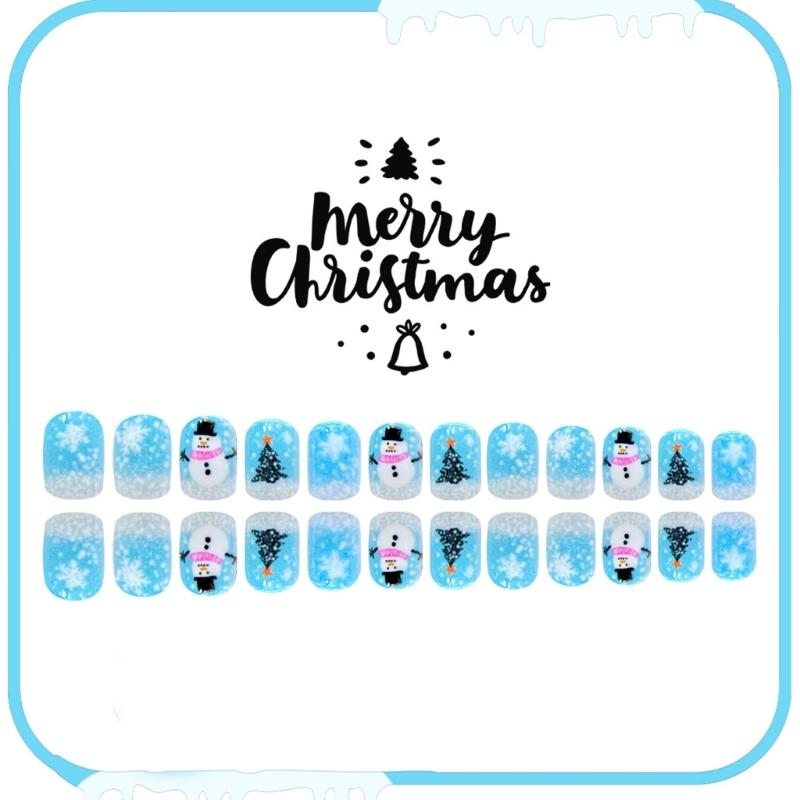 Pack of 24 Christmas Snowman Snowflake Blue Press On Nail ABS Build False Nail for Holiday Parties and Daily Wear