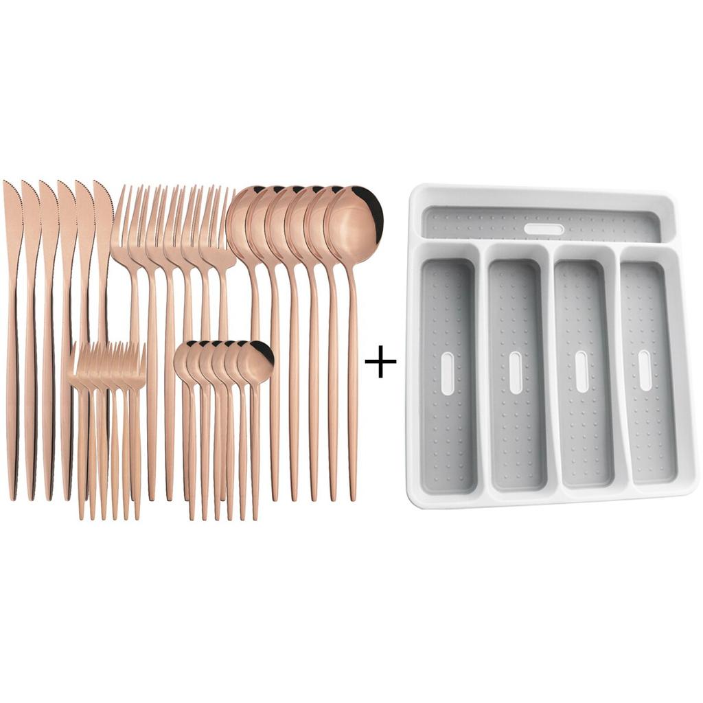 30pcs Gold Dinnerware Set Stainless Steel Tableware Set Knife Cake Fork Spoons Cutlery Set Plastic Storage Tray Kitchen Flatware