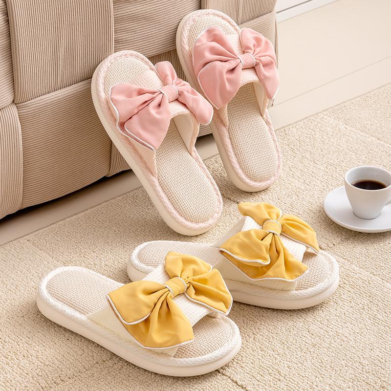 Butterfly knot linen slippers indoor cool slippers contrasting colors, simple fabric cotton linen slippers