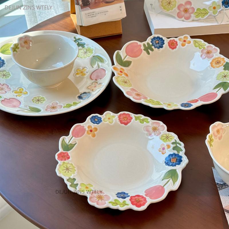 1Pc Healthy Underglaze Painted Ceramic Plates Exquisite Floral Pattern Porcelain Tableware Fruit Salad Bowls Kitchen Accessories