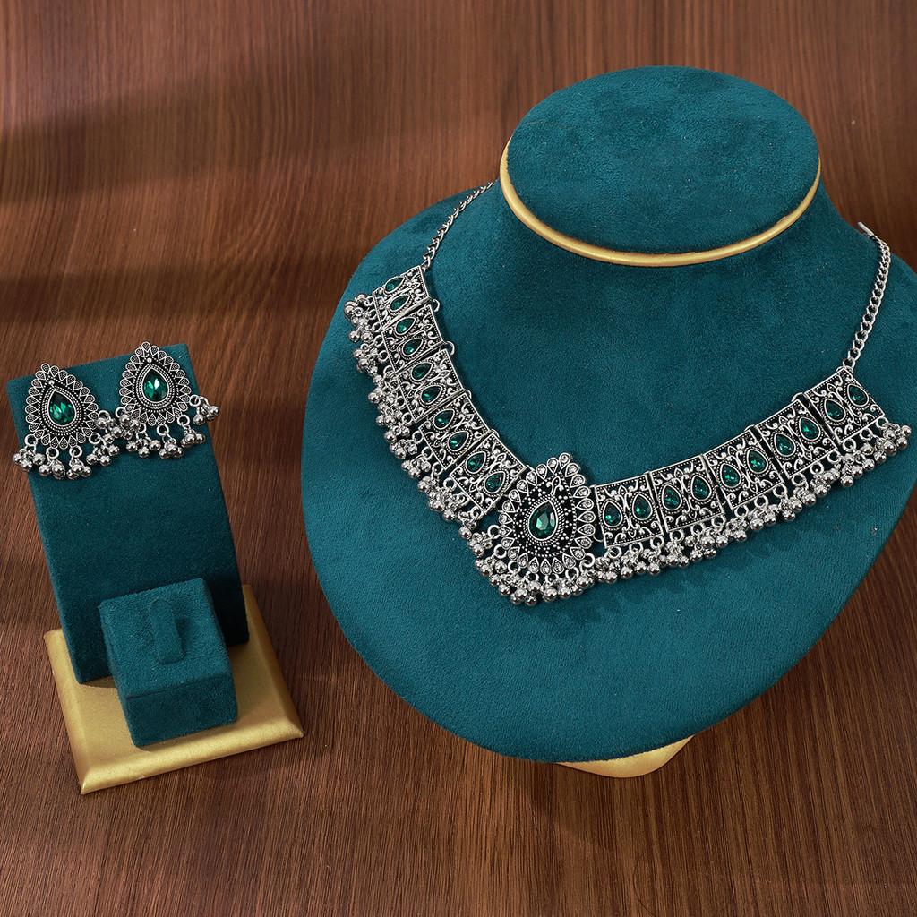 Water Drop Pendant Necklace And Earrings Set With Rhinestones For Women