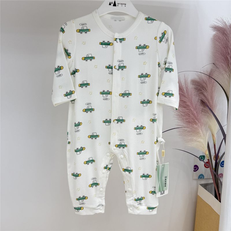 Baby Summer Ice Cotton One-Piece Crawling Suit, Infant Closed-Crotch Romper Long-Sleeve Air-Conditioning Clothing, Super Soft and Super Stretchy Rice White 90