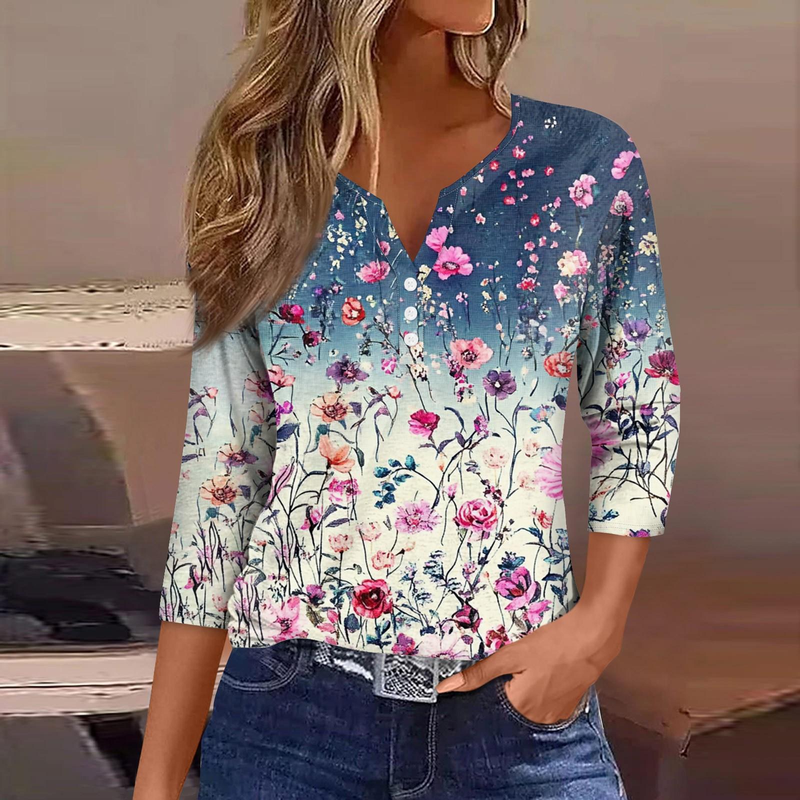 

Женская модная повседневная футболка с цветочным принтом, V-образным вырезом, коротким рукавом, декоративными пуговицами и рукавом три четверти XXL небесно-голубой