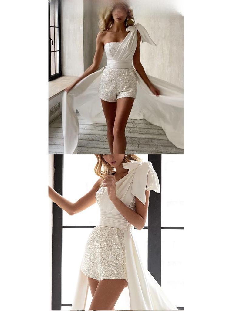 2025 Spring/Summer Women's Strapless White Sequin Mini Dress with Tie-Up Waist and Large Swing Skirt
