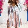 Women Plus Size V Neck Long Sleeve Blue Green Printed A Line Dress