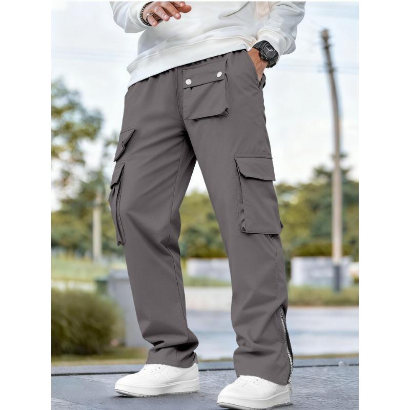 Mens Casual Multi Pocket Cargo Pants Straight Leg Zipper Detail Trousers