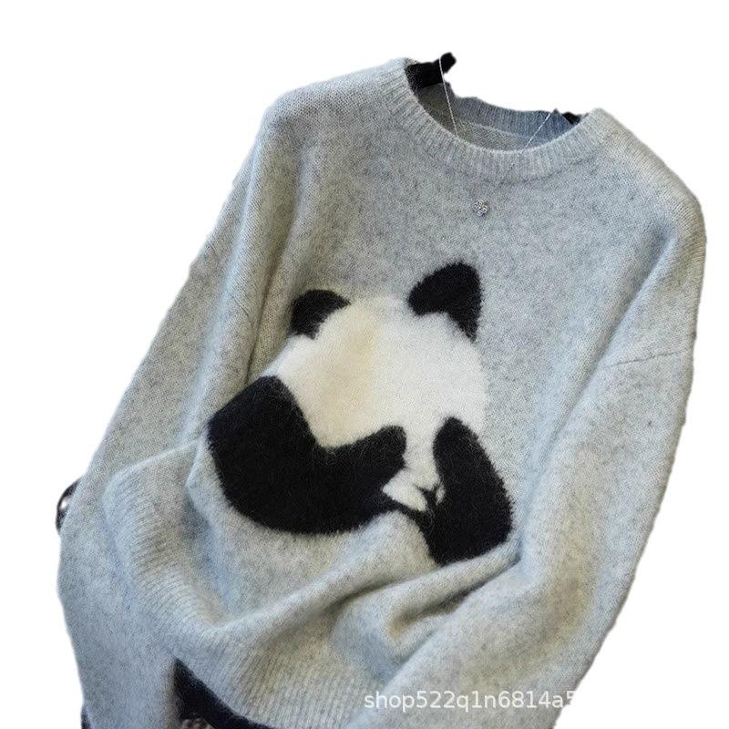 Women's Panda Jacquard Sweater: Cozy Autumn & Winter Loose Fit, Round Neck Knitwear