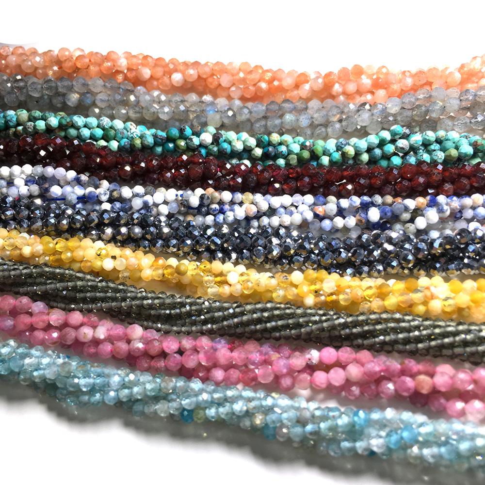 1String, Faceted Natural Stone Beads, 2mm, 3mm Small Round Turquoise Tourmaline Obsidian Gems Loose Spacer Beads for Jewelry Making DIY Crafts, 38cm
