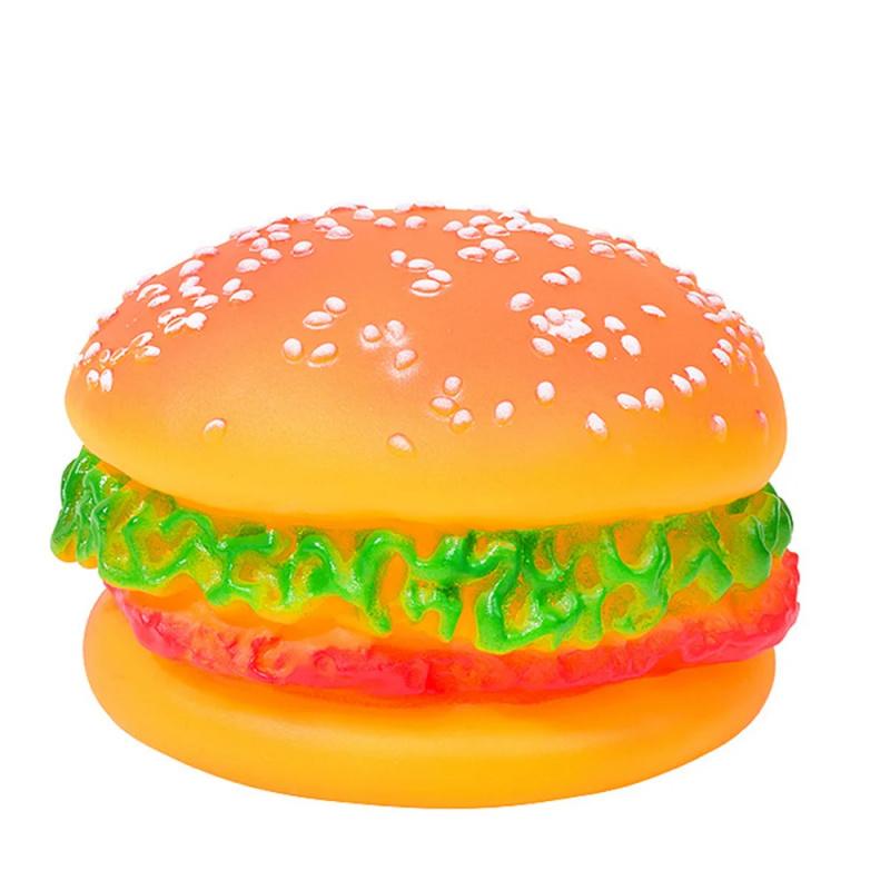 Squeaky Hamburger Dog Toy Vinyl Chew Toy for Teeth Cleaning Molar Care Interactive Pet Squeaker Toy