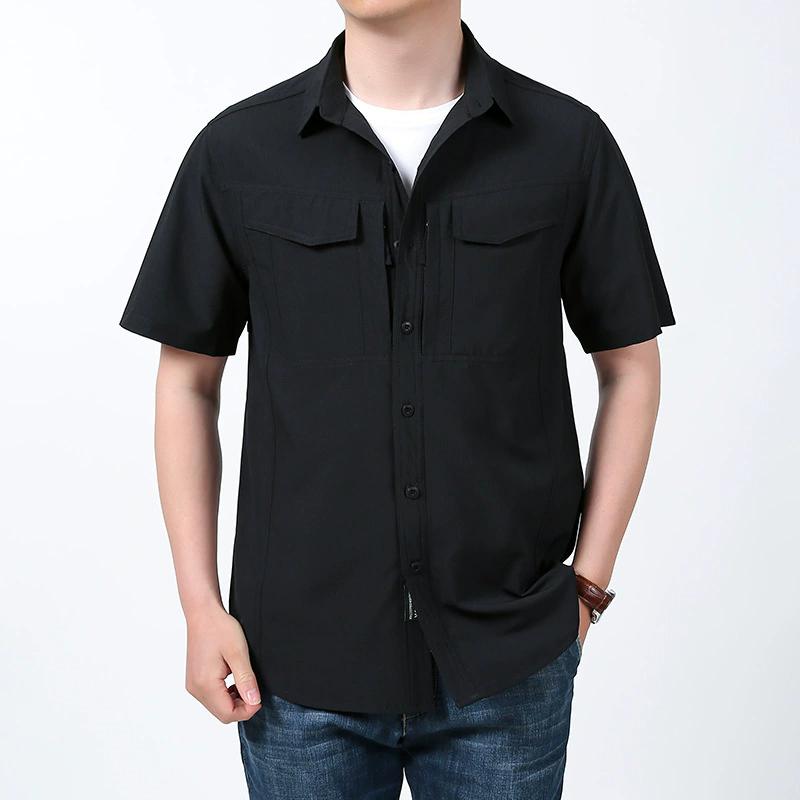 

Летняя мужская рубашка с коротким рукавом, дышащая, с несколькими карманами, тактическая, для мужчин, для активного отдыха, повседневная, быстросохнущая, для походов, работы, карго-топ XL чёрный