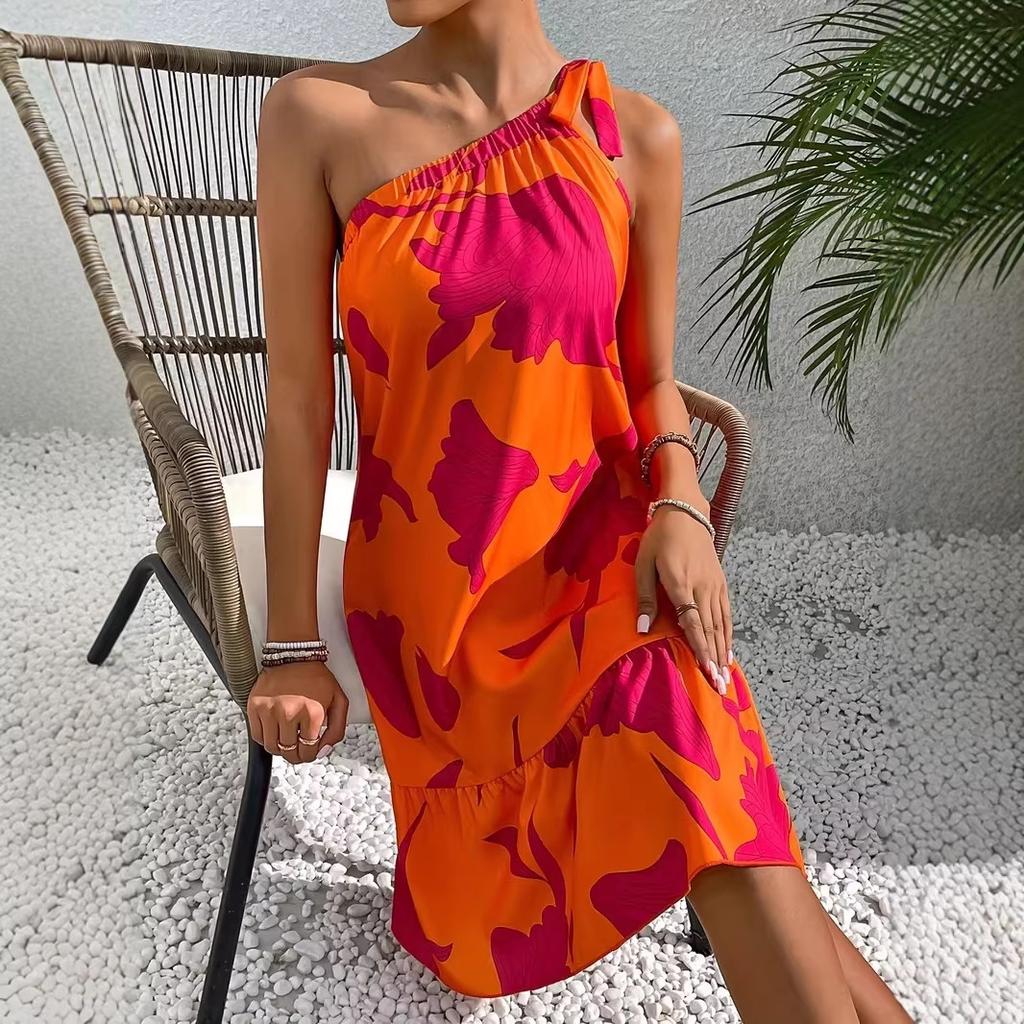 Summer new holiday style floral print shoulder ruffle edge dress women's, large size thin seaside holiday dress