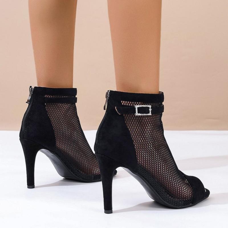 Fashion Fishmouth Net Gauze Cool Boots Women's Summer New Round Head Hollow Breathable Fine Heel Sandals