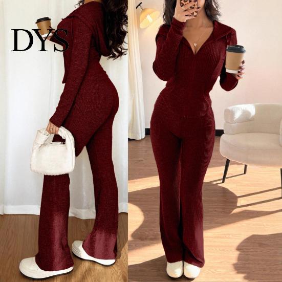 Women Lounge Wear Set Women's 2 Piece Sweatsuits Zip Up Hoodies And Bell Tracksuit Bottom Pants Ribbed Knit Outfits Sexy Bodycon Workout Tracksuits