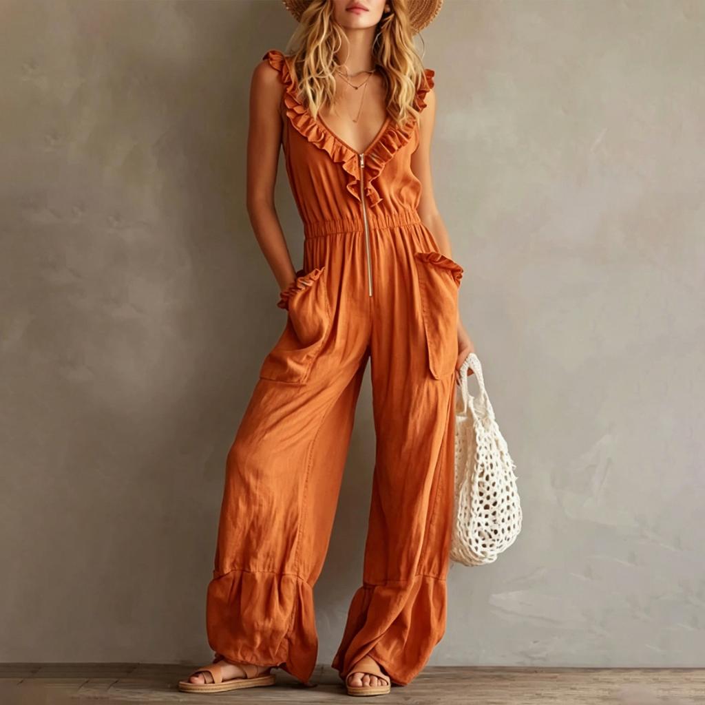 Women's Sleeveless V Neck Jumpsuit with Zipper Front Pockets Ruffle Details Wide Leg Casual Vintage Style Romper
