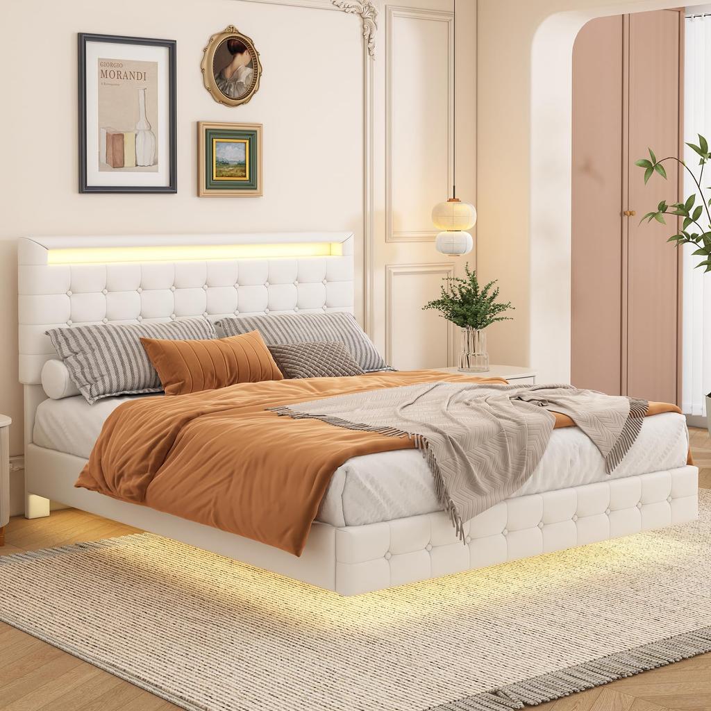 Upholstered Bed 140x200cm with LED Ambient Light, with Height-adjustable Headboard and 24-button Remote Control, Without Mattress