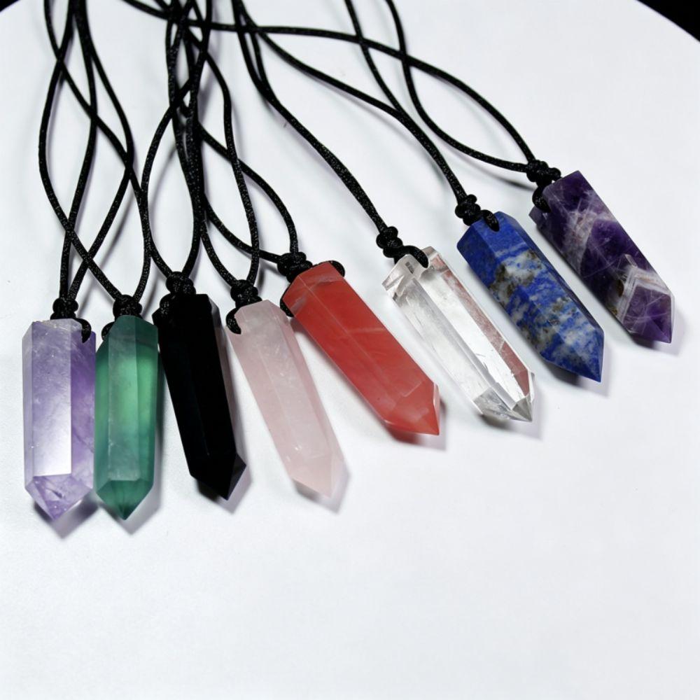 Hexagonal Natural Crystal Necklace Adjustable Rope Stone Pendant Pendulum Necklace Women and Men