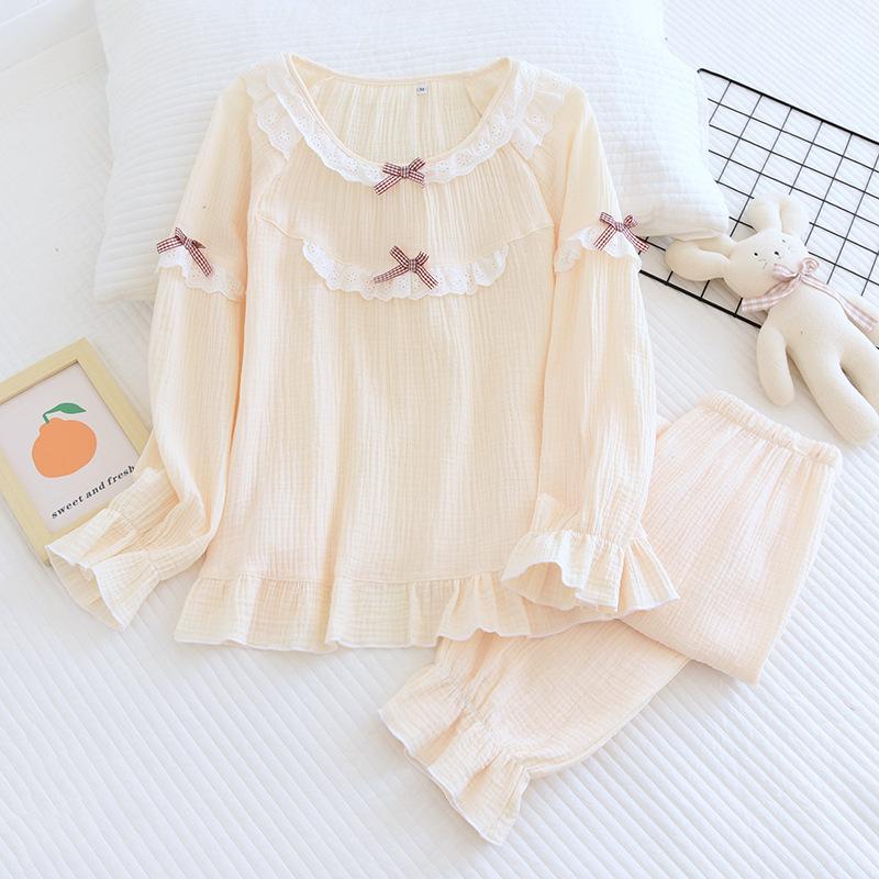 

Новая весенне-летняя японская милая женская пижама с длинными рукавами и брюками, комплект из двух предметов, 100% хлопок, креп, однотонный комплект домашней одежды XL жёлтый